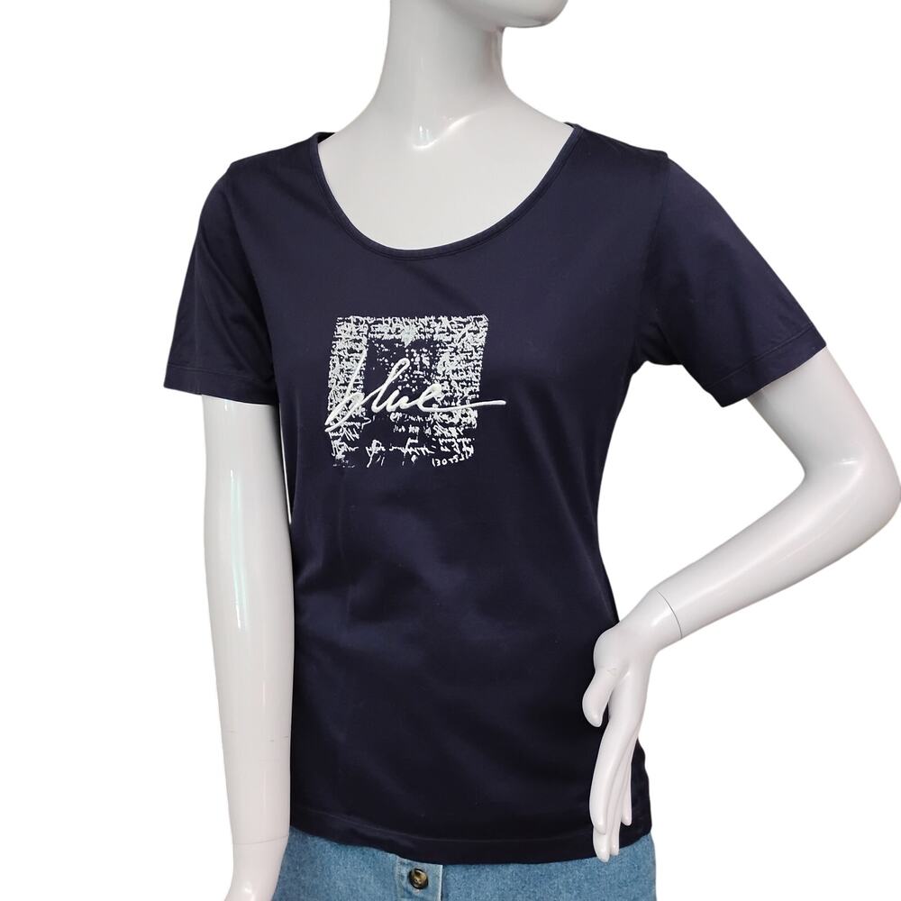 Tomboy Tee Top Size Small Dark Blue Short Sleeve Print Graphics and Embroidered